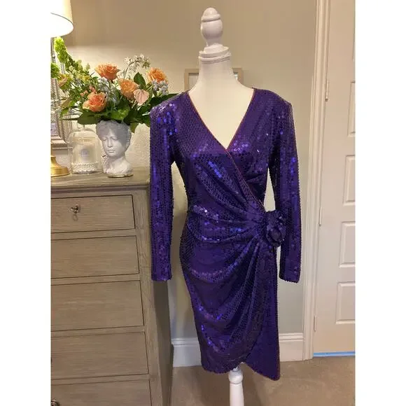 Tadashi | Vintage Purple Sequined Dress with Rhinestone Adorn Flower | 6 - Picture 3 of 15